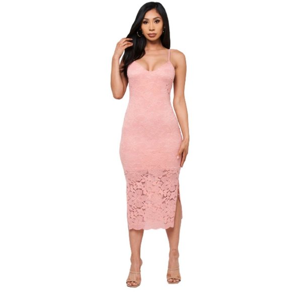 NWT Midi Dress with Lining Blushing Beauty Salmon Lace V-neck , by Li Ning - Picture 4 of 4